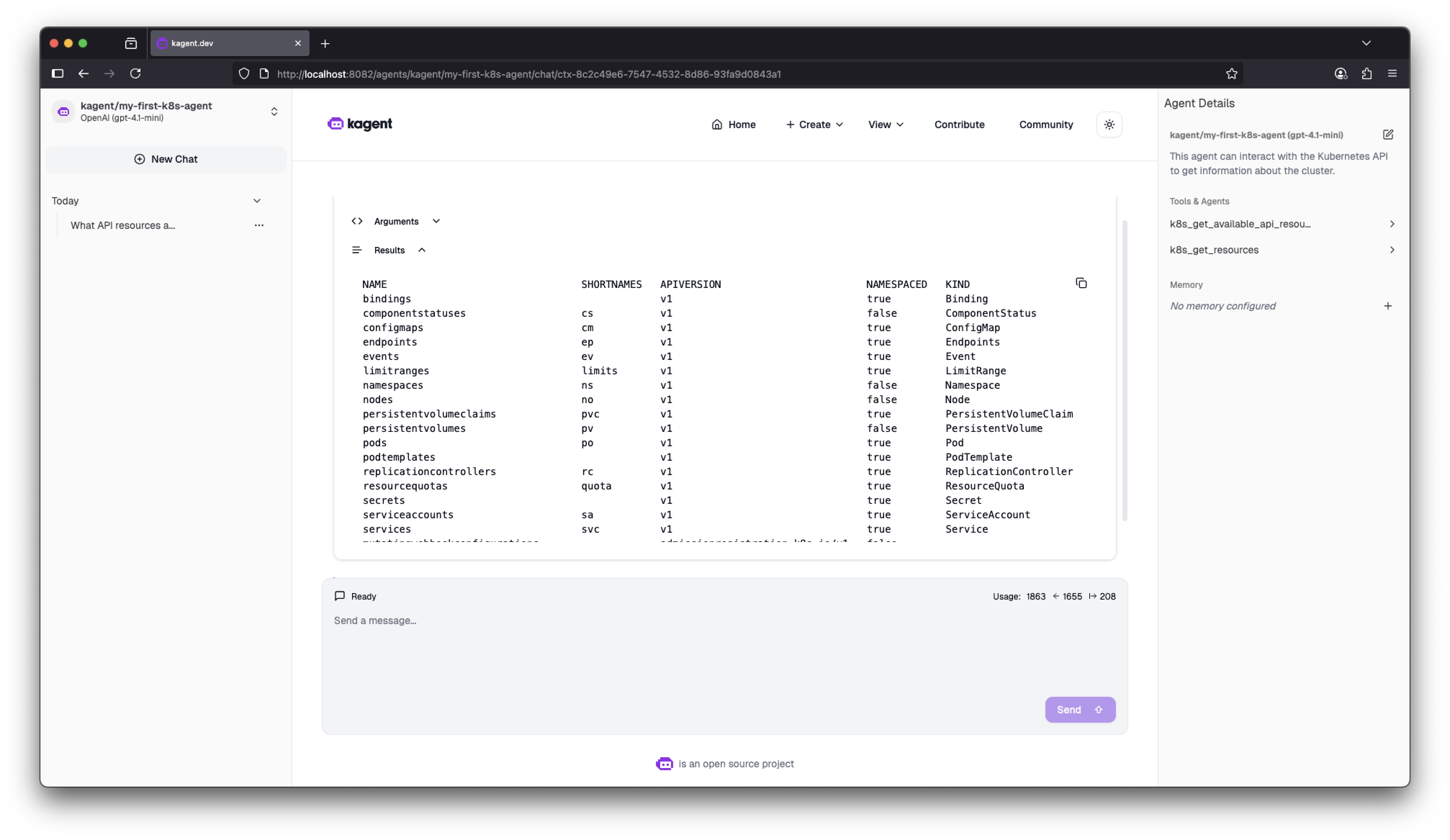 Explore features of the chat UI, such as results that show the output of terminal commands