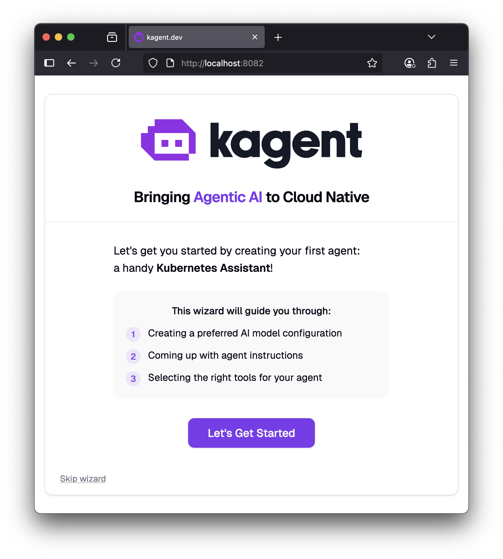Kagent welcome wizard