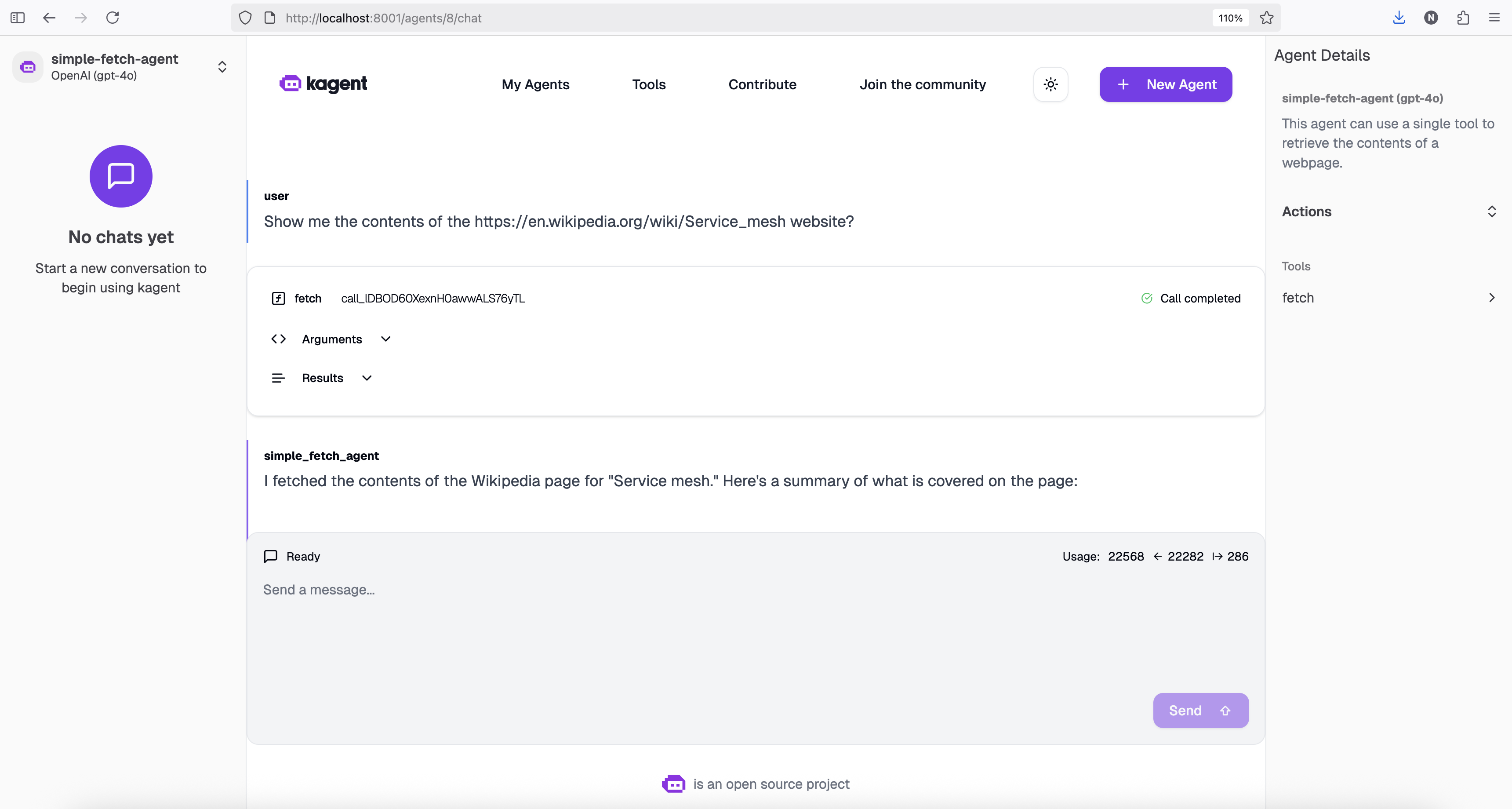 Dashboard showing the agent chat with MCP tool call
