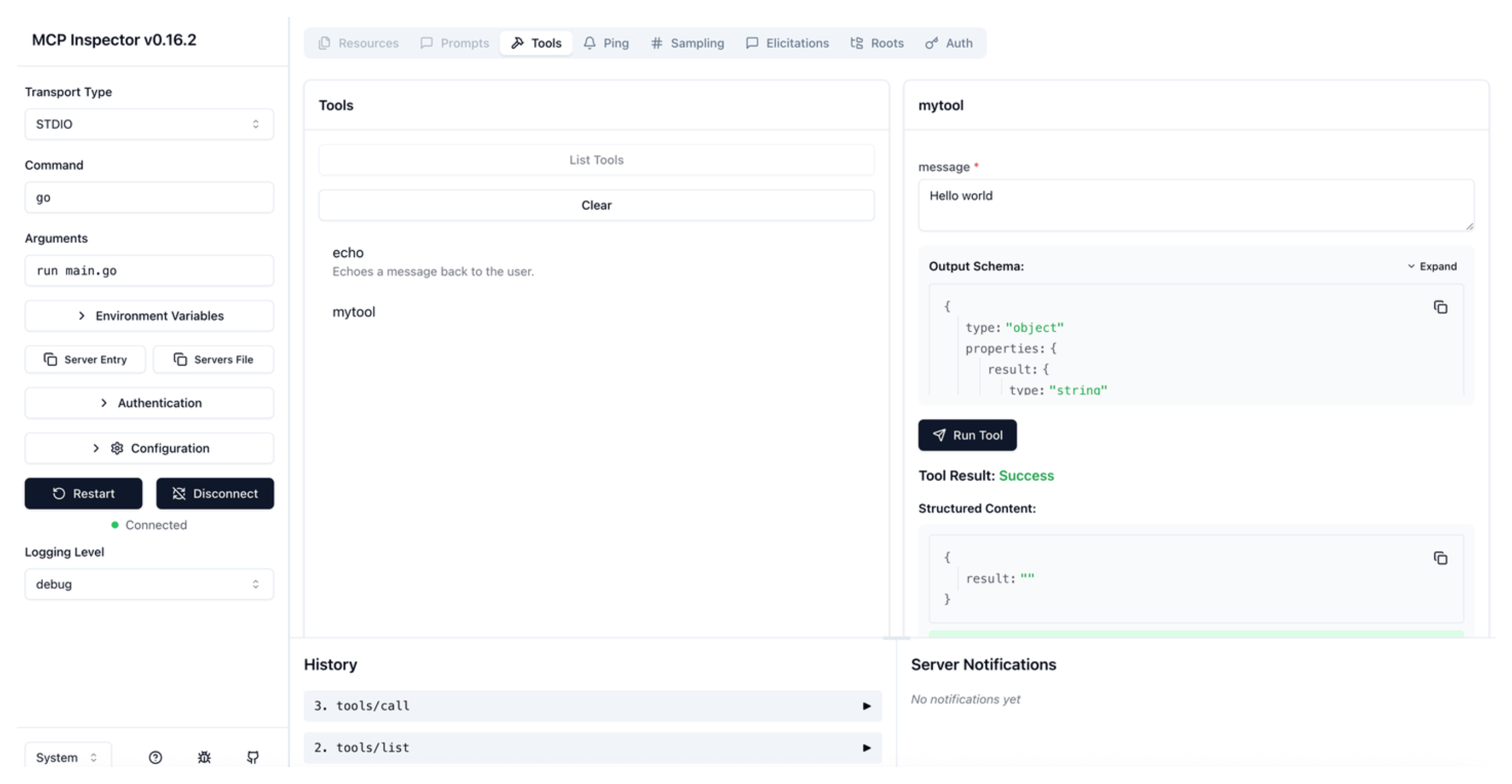 Successful run of the mytool tool Run mytool tool in MCP inspector UI