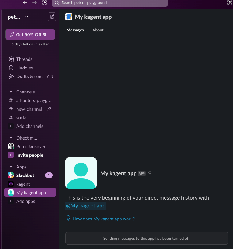 kagent app installed in Slack